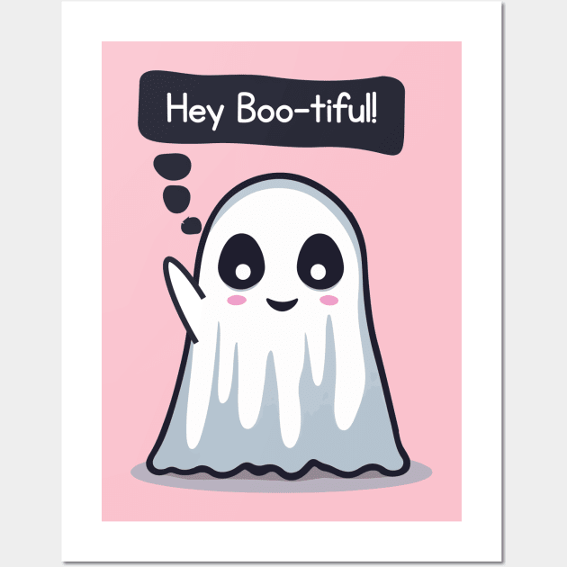 Hey Bootiful, Cute Kawaii Ghost Wall Art by Rishirt